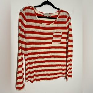 Ann Taylor Loft Size Large Coral Red & White Striped Linen Cotten Thin Sweater